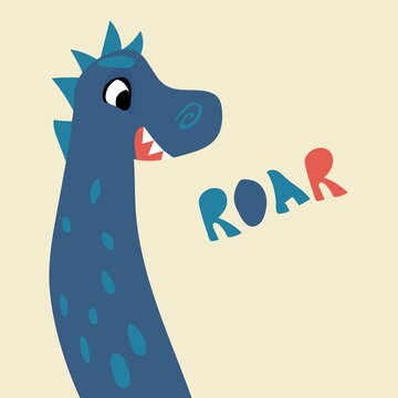 Cartoon dinosaur. Kids blue dino roaring. Funny Jurassic animal. Reptile character. Extinct lizard. Fantasy creature with long neck. Doodle banner with smiling monster. Vector brontosaurus