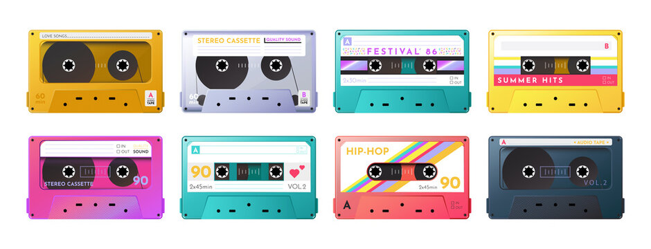 90s cassette tape. Old music audio record, retro stereo compact disco player in rock vintage style, 80s labels. Colorful design elements. Trendy hipster vector illustration icons set