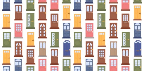 Front door pattern. Hand drawn sketch house background, cute home doorway, silhouette texture. Modern and classic exterior elements. Seamless vector background. Decor textile or print