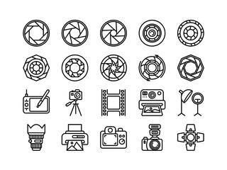 Photography icons. Vintage photo camera lens. Optical diaphragm aperture zoom. Photographic shutter device. Silhouette of video focus. Abstract photograph emblems. Vector line signs set