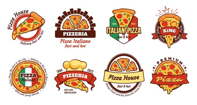 Pizza slice logo. Hot fastfood for Italy shop. House kitchen. Simple restaurant label. Pizzeria emblems set. Delicious Italian meal delivery. Business symbols. Vector illustration template
