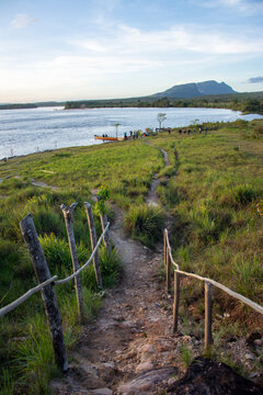 Community of the Pemon Indians in the Canaima National Park. thatched roof houses