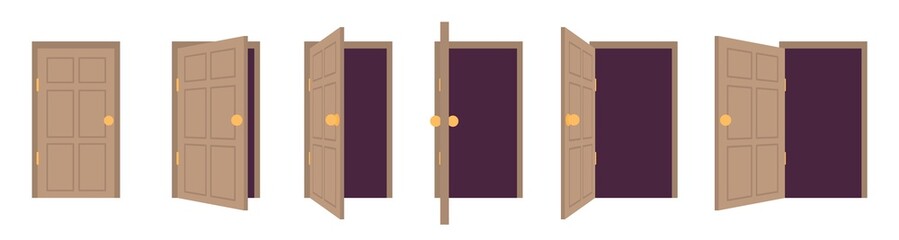 Door open or close. Sprite animation game house. 2D stage office room. Wood entrance. Sequence process steps. Interior doorway. Wooden entry. Architecture elements set. Vector concept