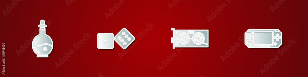 Poster set bottle with magic elixir, game dice, video graphic card and portable video game console icon. ve