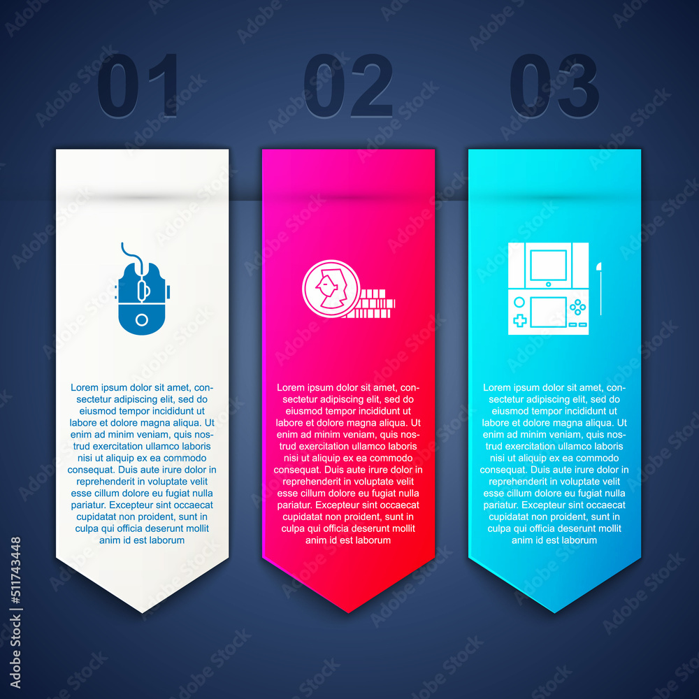 Poster set computer mouse gaming, coin for game and portable video console. business infographic template. 