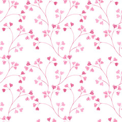 Watercolor seamless pattern with pink leaf twigs, small leaves on a white background. Botanical illustration for fabrics, dresses, interiors
