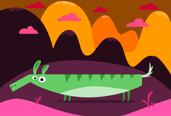 Funny stylized green crocodile cartoon character on a colorful landscape - vector illustration 