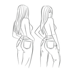 Vector illustration of a young woman in jeans and naked chest