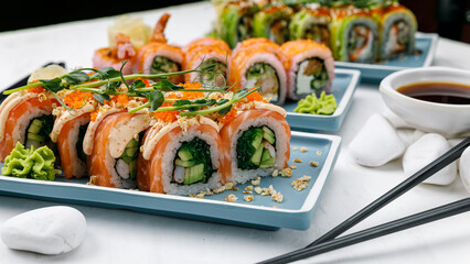 Japanese cuisine. Rolls with salmon on a white table.
