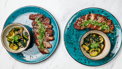 Japanese cuisine. Meat dish with vegetables on a white table.

