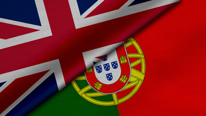 3D Rendering of two flags from United Kingdom or Britain and Portuguese Republic together with fabric texture, bilateral relations, peace and conflict between countries, great for background