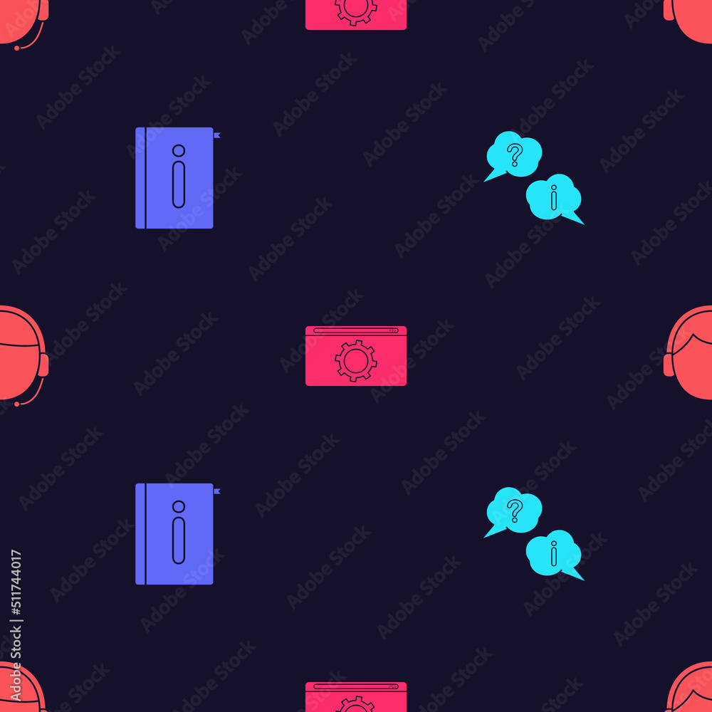 Poster set question and exclamation, user manual, setting and man with headset on seamless pattern. vector
