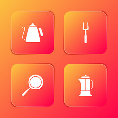 Set Kettle with handle, Barbecue fork, Frying pan and French press icon. Vector