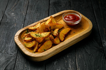 European cuisine. French fries on a wooden table
