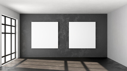Empty loft room with blank square poster mock up on concrete wall