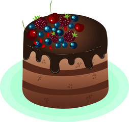 Chocolate cake with berries. High quality vector illustration.