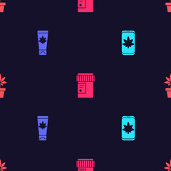 Set Mobile and marijuana or cannabis, Medical cream with, bottle and Marijuana plant on seamless pattern. Vector