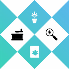 Set Manual grinder, Book and marijuana or cannabis, Marijuana plant and Magnifying glass icon. Vector
