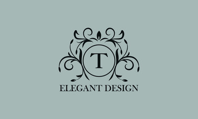 Vintage elegant logo with the letter T in the center. Calligraphic elegant ornament. Business sign, identity monogram for restaurant, boutique, hotel, heraldic, jewelry.