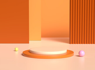 Orange product stage with orange minimal background with a yellow and pink sphere. 3d illustration.