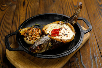 Georgian cuisine. Wonderful dishes on a wooden table

