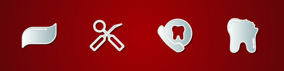 Set Toothpaste, Dental inspection mirror, Online dental care and Broken tooth icon. Vector