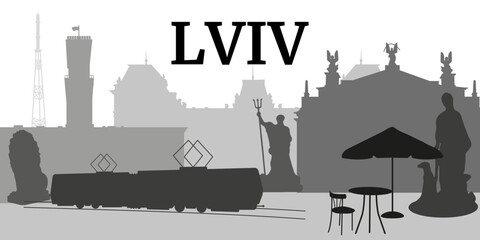 Fototapeta premium Vector solhouette background illustration of city Lviv, Ukraine. Illustration for a landing page. Black and white. Lviv. 