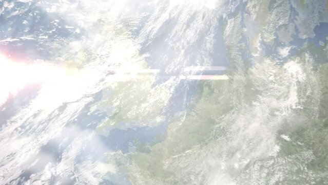 Earth zoom in from outer space to city. Zooming on Norwich, UK. The animation continues by zoom out through clouds and atmosphere into space. Images from NASA