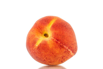 One sweet organic peach, closeup, isolated on white background.