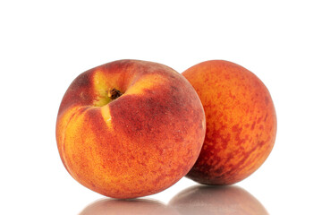 Two sweet organic peaches, close-up, isolated on white background.
