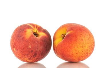 Two sweet organic peaches, close-up, isolated on white background.