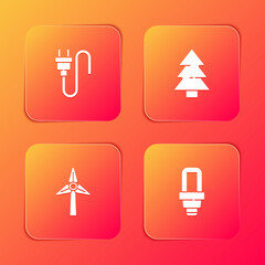 Set Electric plug, Christmas tree, Wind turbine and LED light bulb icon. Vector