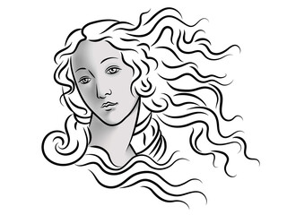 Sandro Botticelli - The Birth of Venus (Nascita di Venere). Simonetta Vespucci. Replica, part, detail, head, hair.
