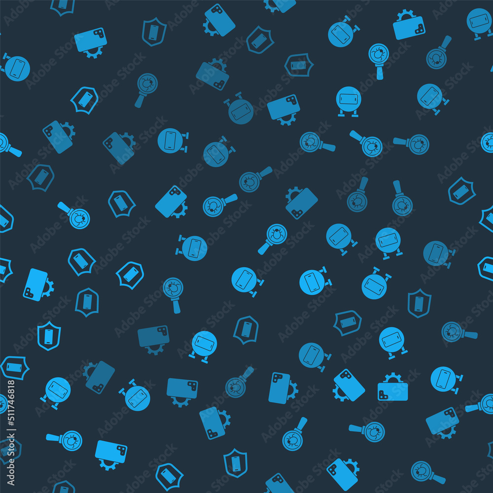 Poster set phone repair service, , system bug and mobile with shield on seamless pattern. vector