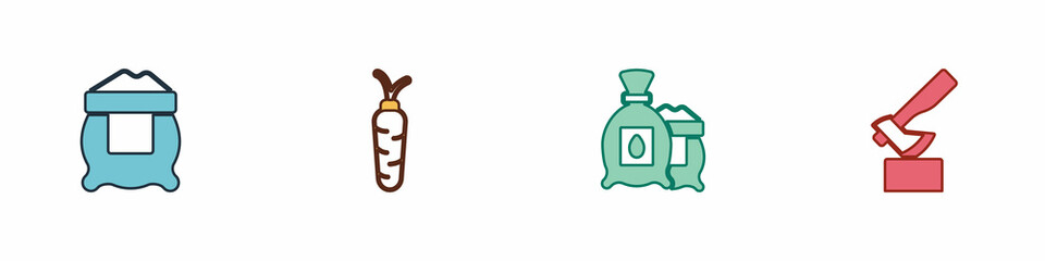 Set Bag of flour, Carrot, Pack full seeds plant and Wooden axe icon. Vector