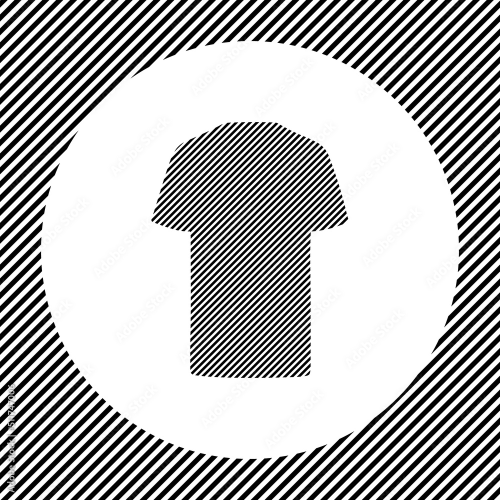 Poster a large t-shirt symbol in the center as a hatch of black lines on a white circle. interlaced effect.