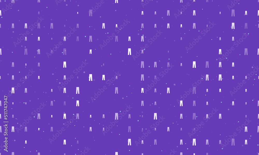 Poster Seamless background pattern of evenly spaced white pants symbols of different sizes and opacity. Vector illustration on deep purple background with stars