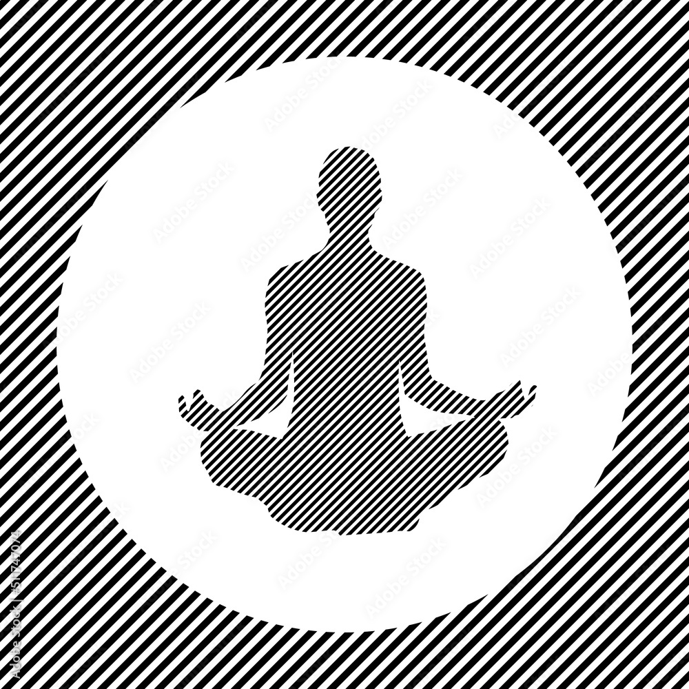 Poster a large yoga symbol in the center as a hatch of black lines on a white circle. interlaced effect. se