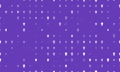 Seamless background pattern of evenly spaced white t-shirt symbols of different sizes and opacity. Vector illustration on deep purple background with stars