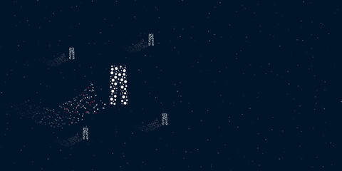 A pants symbol filled with dots flies through the stars leaving a trail behind. Four small symbols around. Empty space for text on the right. Vector illustration on dark blue background with stars