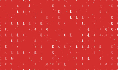 Seamless background pattern of evenly spaced white socks symbols of different sizes and opacity. Vector illustration on red background with stars