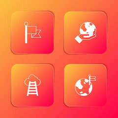 Set Flag, Hand holding Earth globe, Stair with finish flag and Planet icon. Vector