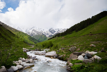 Picturesque mountain landscape with a small river and the Caucasian ridge in the background. Spring day with green bright grass and snow-capped peaks.