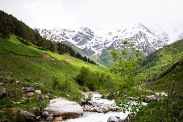 Picturesque mountain landscape with a small river and the Caucasian ridge in the background. Spring day with green bright grass and snow-capped peaks.