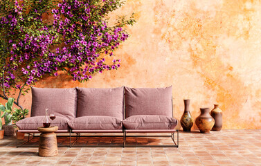 Sunny Mediterranean-style terrace with sofa, small wine table and beautiful bougainvillea. 3D...