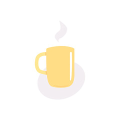 Yellow cup and cloud of steam from hot drink that raising above it. Background in ellipse shape. Flat vector illustration.