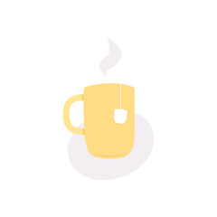 Yellow cup and label from tea bag that hanging from the cup. Cloud of steam from hot drink raising above the cup. Background in ellipse shape . Flat vector illustration.