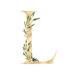 Watercolor Gold Olive Floral Alphabet letter L with flowers. Feminine botanical Floral letter element for baby shower invite, Monogram for wedding, logo, frame art, poster, new baby name printable diy