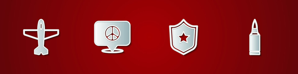 Set Plane, Location peace, Police badge and Bullet icon. Vector
