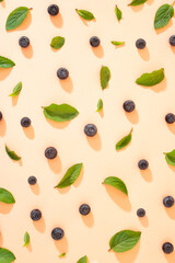 Creative pattern healthy food concept flat lay. Blueberries and mint leaves diet. Summer delicious snack.